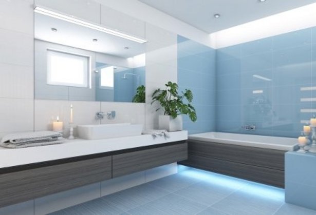 modernes, in weiß gehaltenes Bad mit Grünpflanze und großem Spiegel